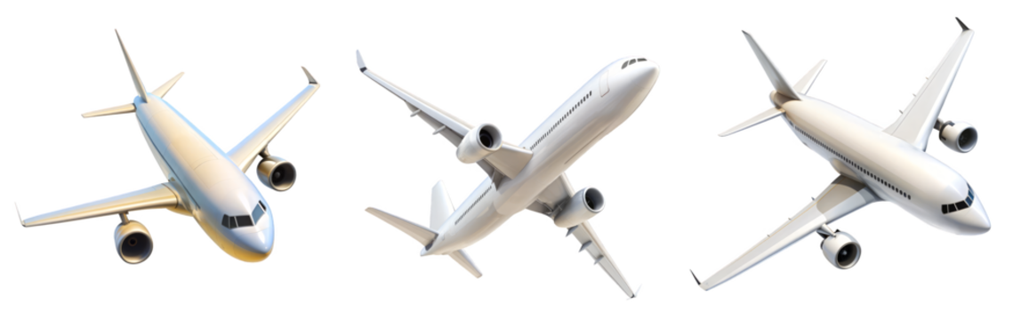 Three Passenger Airplanes Flying in Different Angles on Transparent Background