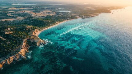 Breathtaking aerial view of a coastal landscape with cliffs and clear blue water under a golden sunset. Serene and picturesque scenery.
