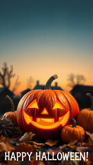 Pumpkin with glowing face in front of spooky house with text Happy Halloween!