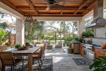 Fototapeta premium Beautiful wooden outdoor kitchen featuring granite countertops and stainless steel appliances