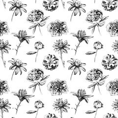 Seamless pattern.  Hand drawn flowers isolate on white. Abstract floral background.