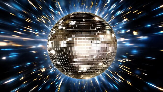 Disco shiny ball, party reflecting colorful lights for music broadcast, night clubs, musical video