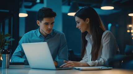 Fototapeta premium Young IT specialist showing a project plan on a laptop to a female manager, collaborating