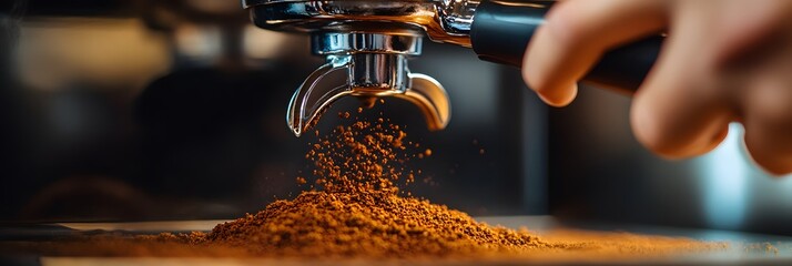 A close-up of a barista’s hand adjusting the settings on a coffee grinder, with freshly ground coffee pouring into the portafilter