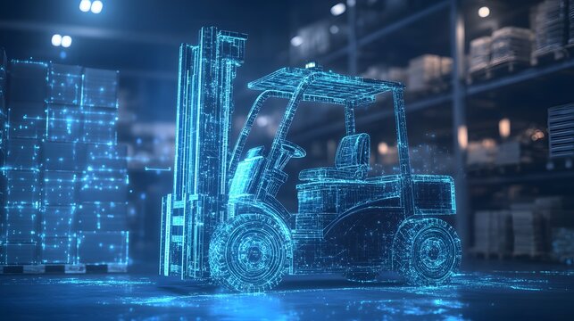 digital blue forklift truck with glowing data streams symbolizes the optimization of artificial intelligence in warehouse management and inventory control  - Powered by Adobe