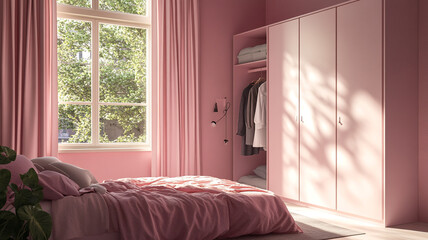 Fototapeta premium Cozy pink bedroom with large windows and natural light in a modern home