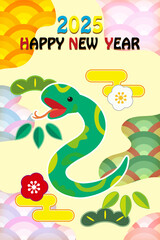 2025年巳年年賀状ハガキ（縦向き）イラスト