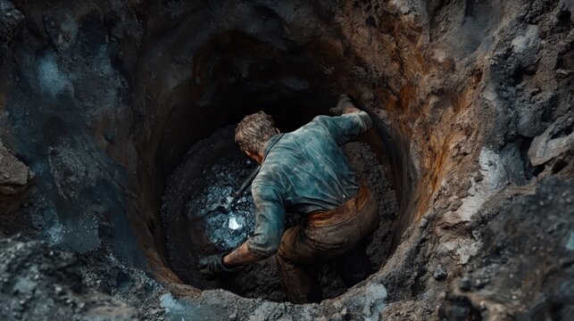 A miner is digging into the ground, uncovering stones and minerals in pursuit of hidden treasures in a secluded area