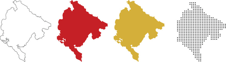 Montenegro map in outline, red color, yellow color, dotted style