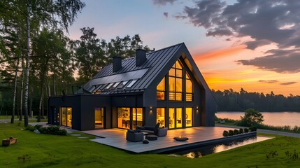 Fototapeta premium Beautiful modern style luxury home exterior at sunset with glowing interior lights. 