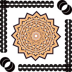 A golden floral graphic design with a black ring border, isolated on a white background in a square shape