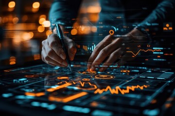 Hands crafting a diversified investment portfolio on a digital interface, strategic planning, financial growth