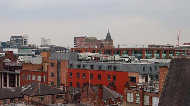 Rooftop skyline of central Manchester, England, UK, on cloudy day