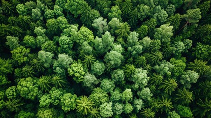 Aerial view of a dense forest with lush green trees creating a vibrant natural landscape, showcasing the beauty of wilderness from above.