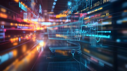 E-commerce Metrics Futuristic Background for Online Retail Analytics. Dynamic data visualization, charts, and graphs presenting insights into digital commerce trends and performance