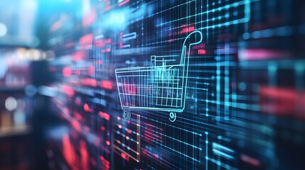 E-commerce Metrics Futuristic Background for Online Retail Analytics. Dynamic data visualization, charts, and graphs presenting insights into digital commerce trends and performance