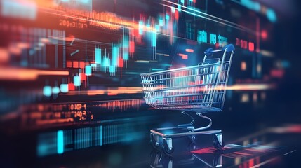 E-commerce Metrics Futuristic Background for Online Retail Analytics. Dynamic data visualization, charts, and graphs presenting insights into digital commerce trends and performance