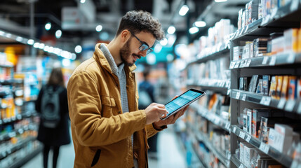 Young man shopping for a tablet, comparing specs and screen quality in a well-organized