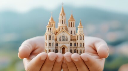 A person holding a miniature castle in their hands, AI