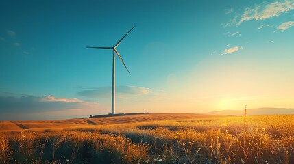 Obraz premium Wind turbine standing in a serene field during sunset, symbolizing clean energy and sustainability in a natural landscape.