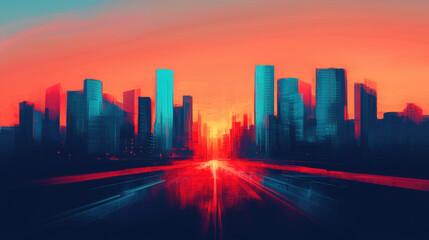 Obraz premium Futuristic cityscape with skyscrapers under a vibrant sunset, showcasing advanced urban architecture and vibrant colors.
