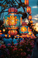 Colorful Lanterns Illuminating Night Festival - Vibrant Traditional Asian Lanterns with Floral Designs - Cultural Celebration in a Lively Evening Market