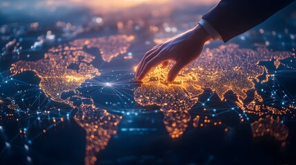Multinational companies expand their operations into new countries, with expansion areas highlighted on the global map. Diversified team cross-border cooperation, international growth