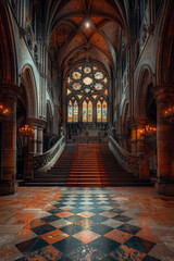 Fototapeta premium Majestic Gothic Cathedral Interior with Grand Staircase and Stained Glass Windows