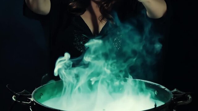 Witch brews potion close up, hand throws ingredient into cauldron, magical green brew. Sorceress makes decoction, poison, love potion. Magic witchcraft concept. Mystical scary atmosphere for Halloween