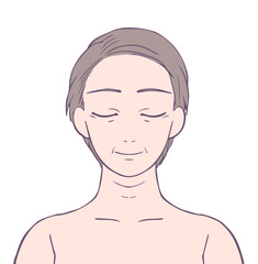 目を閉じて微笑むミドル女性の上半身、ビューティーイラスト
