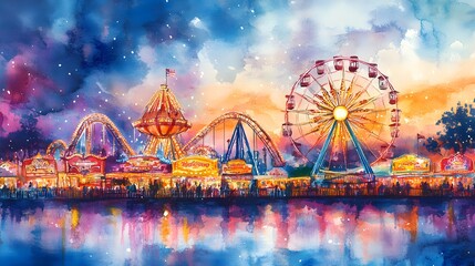 Obraz premium A vibrant carnival scene with bright lights and thrilling rides, painted in pastel watercolors, perfect for a child's room, capturing the joy and excitement of the fair