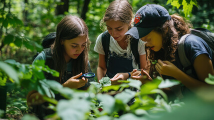 Young students exploring the forest, using