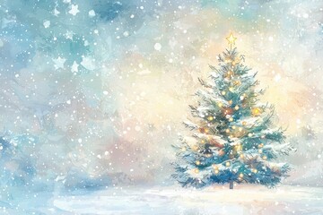 A beautiful watercolor painting of a snowy landscape with a decorated Christmas tree and a dreamy winter ambiance.