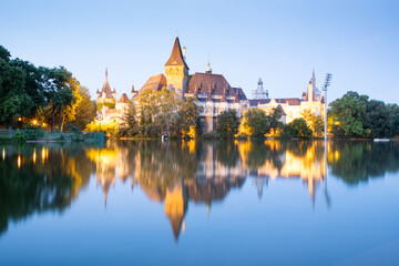 lakeside view of Vajdahunyad Castle in Budapest City Park