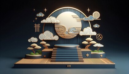 Digital artwork featuring a stylized, symmetrical scene with a central figure resembling a face, surrounded by celestial and nature-inspired motifs, set against an atmospheric backdrop