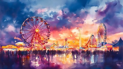 A vibrant carnival scene with bright lights and thrilling rides, painted in pastel watercolors, perfect for a child's room, capturing the joy and excitement of the fair