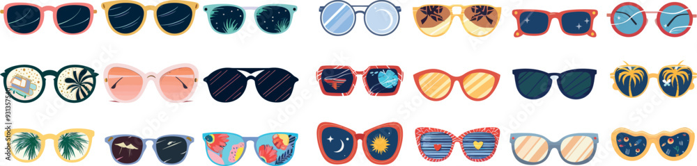 Poster a detailed collection of sunglasses, groovy psychedelic retro style