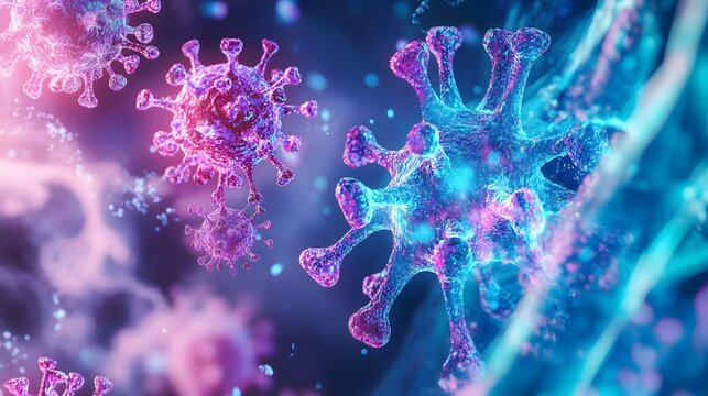 Respiratory Syncytial Virus (RSV) in a Respiratory Tract Setting, hues of blues and purples to represent the airway and the virus's impact on respiratory health