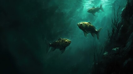 Underwater scene featuring fish swimming in a dark environment.