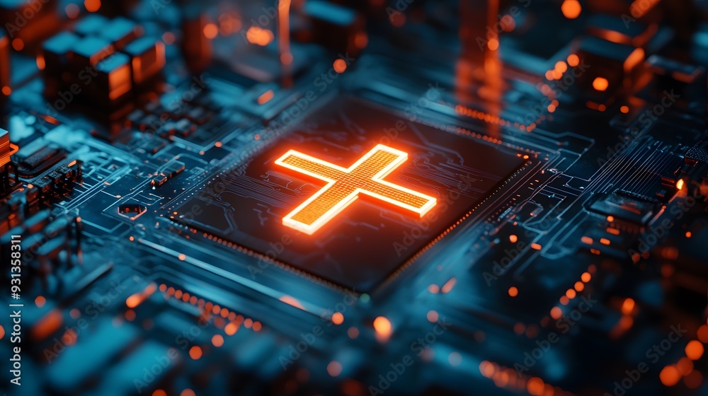 Fototapete a close-up view of a glowing medical cross symbol displayed on a microchip