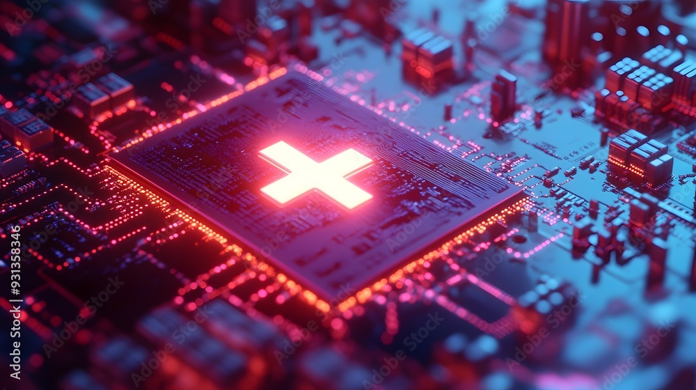 Fototapete a close-up view of a glowing medical cross symbol displayed on a microchip