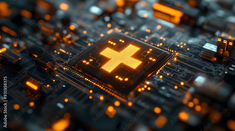 Fototapete a close-up view of a glowing medical cross symbol displayed on a microchip