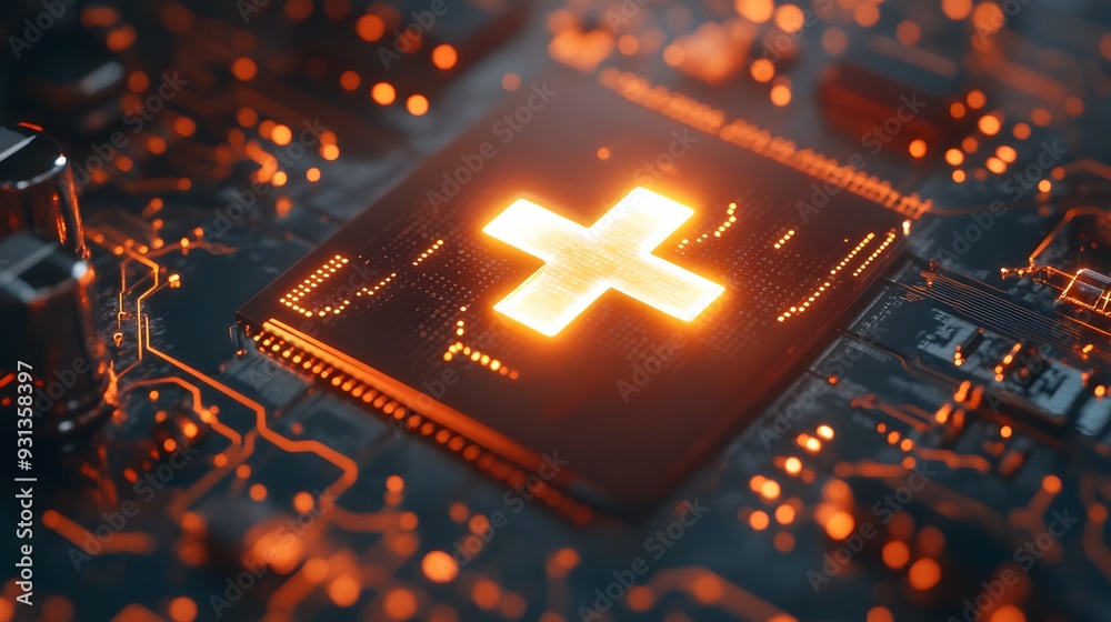 Fototapete a close-up view of a glowing medical cross symbol displayed on a microchip