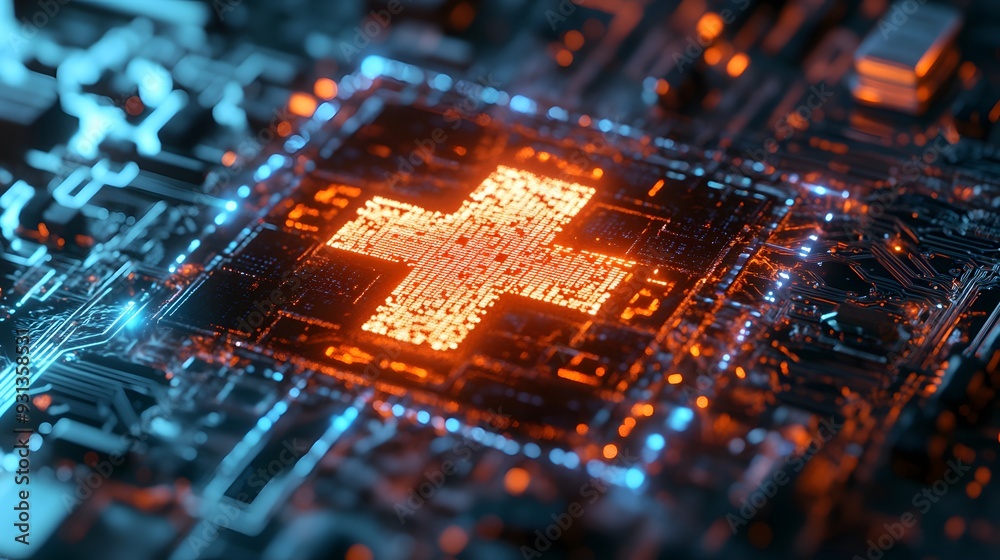 Fototapete a close-up view of a glowing medical cross symbol displayed on a microchip