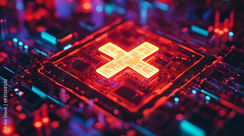 Fototapete a close-up view of a glowing medical cross symbol displayed on a microchip