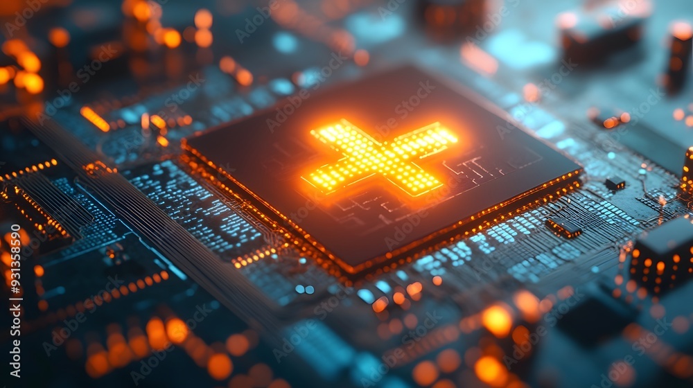Fototapete a close-up view of a glowing medical cross symbol displayed on a microchip