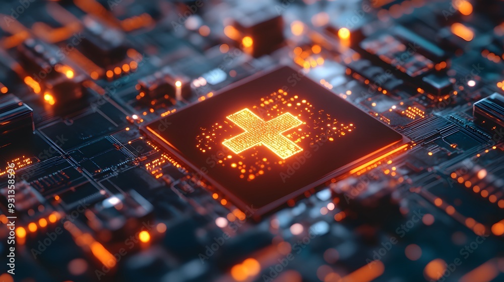 Fototapete a close-up view of a glowing medical cross symbol displayed on a microchip
