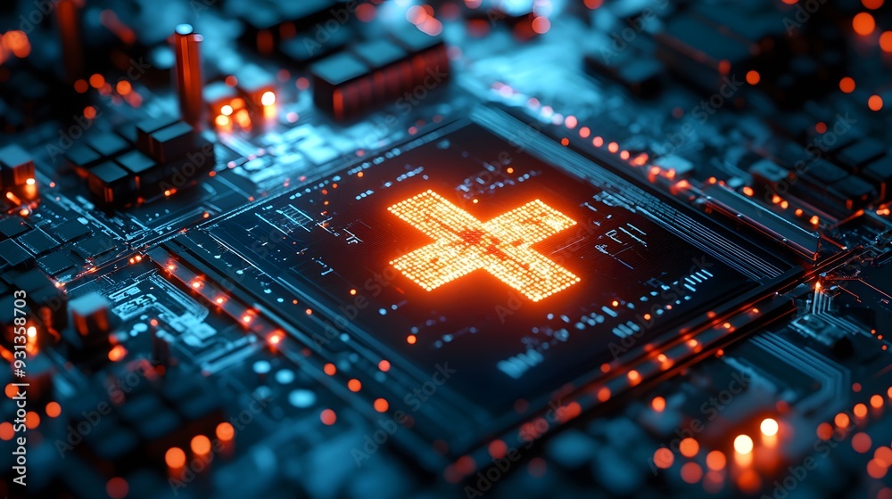 Fototapete a close-up view of a glowing medical cross symbol displayed on a microchip
