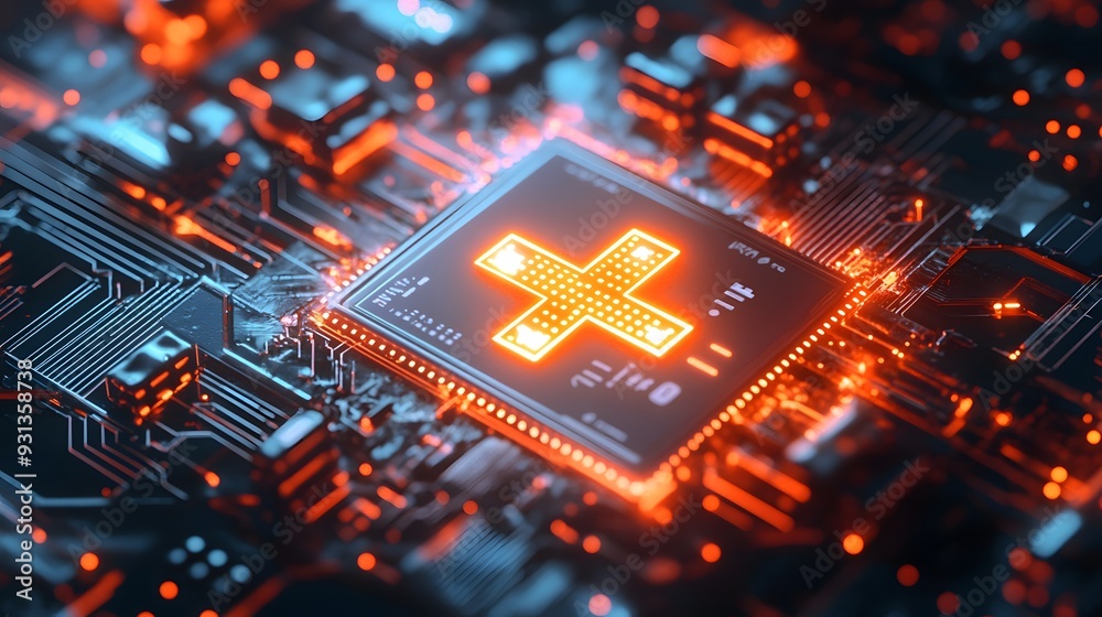 Fototapete a close-up view of a glowing medical cross symbol displayed on a microchip