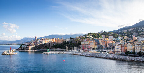 panoramic summer cityscape of Bastia. Stunning afternoon view of Corsica island, France, Europe. Bright Mediterranean seascape